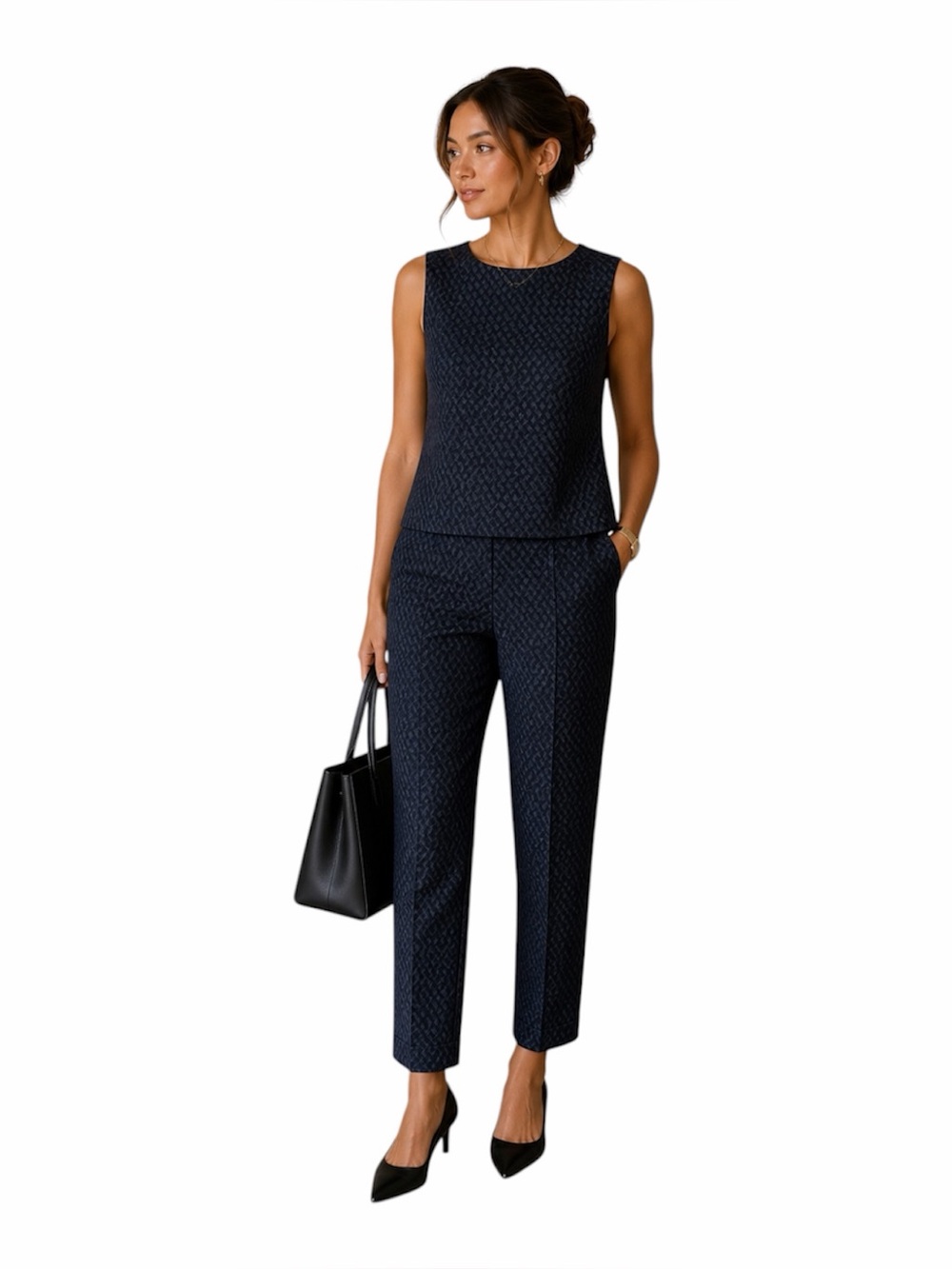 Theory Womens Midnight Blue 2 Pc Set Textured Pants Sleeveless Blouse Back Zip